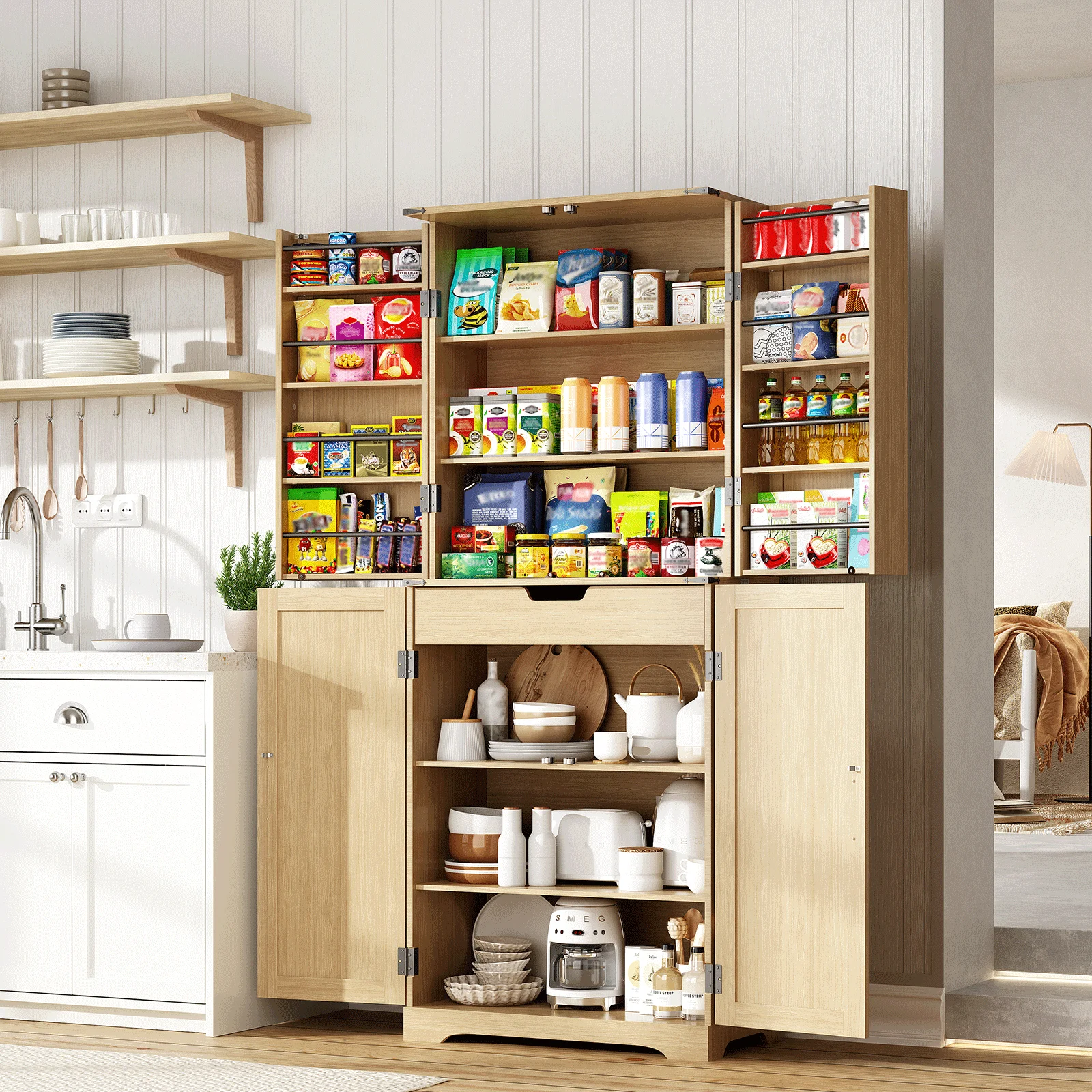 خزانة تخزين بمخزن المطبخ Redlife ، خزانة مزرعة مع 8 أرفف ، تخزين كبير لغرفة الطعام ، 4 أبواب من الروطان ، 72 في #2