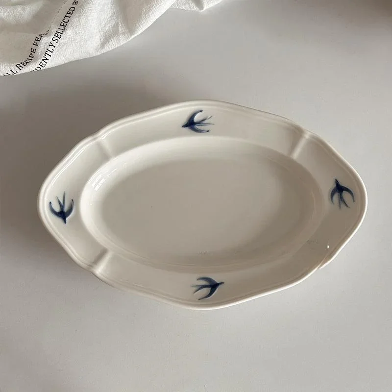Japanese Style Hand-Painted Ceramic Oval Plate Dessert Salad Fish Dish High Aesthetic Value Relief Sculpture Swallow Motif Mu...