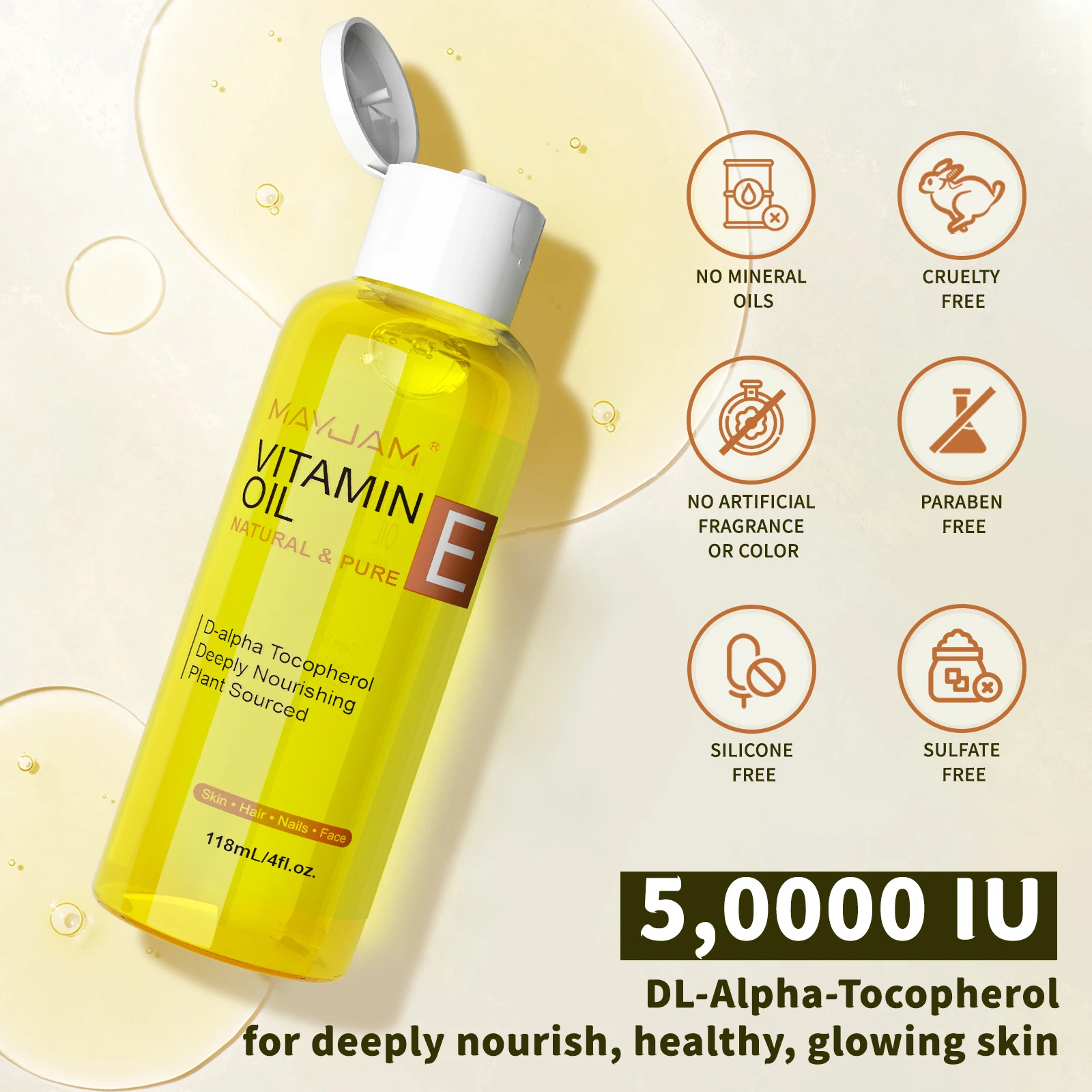 

MAYJAM Pure Natural Vitamin E Oil For Face Skin Body Massage Deep Nourishing D-Alpha Tocopherol 118ml 236ml Essential Oil