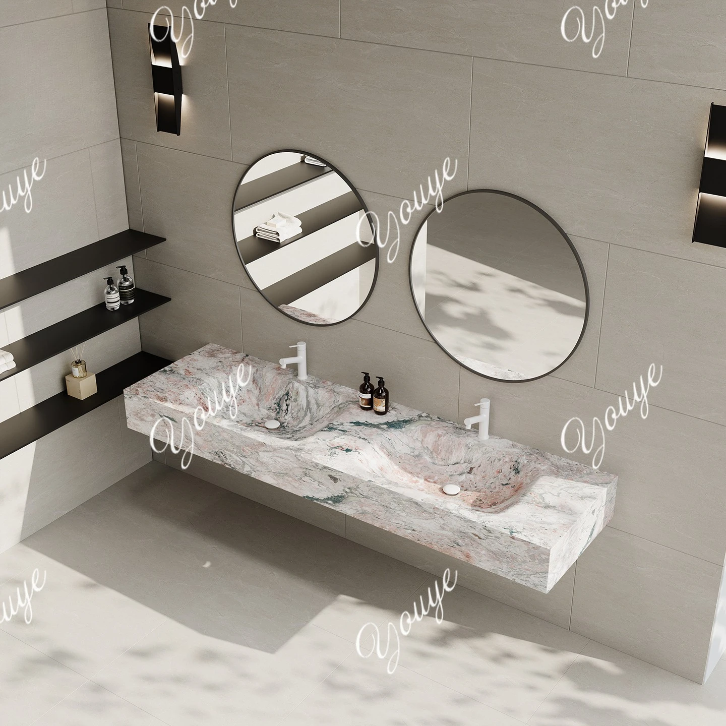 Rauchpulver, Felsplatte, heißes Biegen, integriertes Doppelwaschbecken, Doppelhahn, Wandwaschbecken, Hotel-Doppelwaschbecken