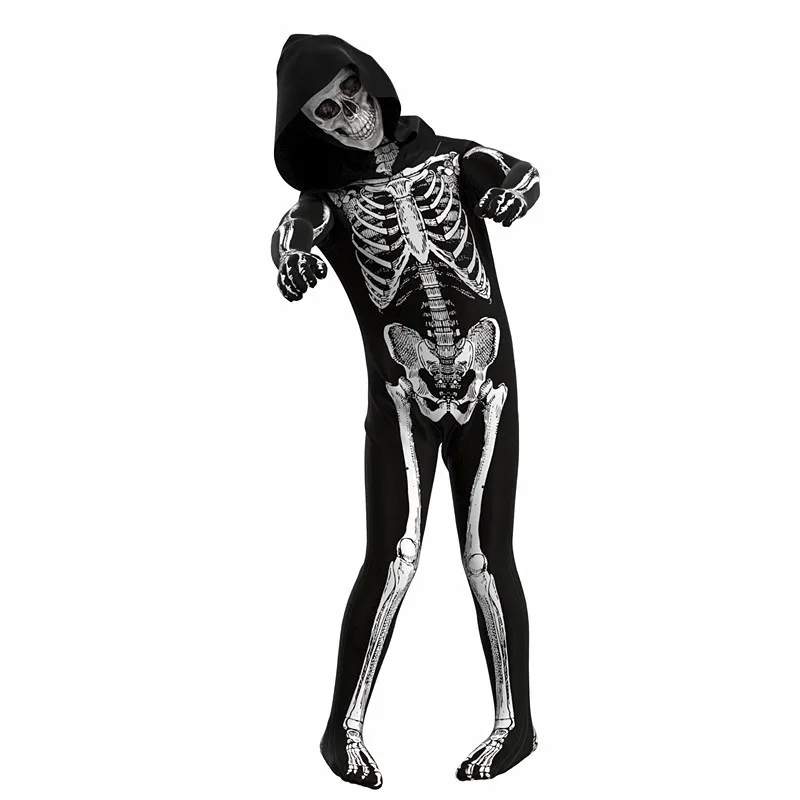 Halloween Kids Zombie Skull Costume Skeleton Mask Cosplay Costume Horror Skeleton Print Jumpsuit Carnival Theme Party Bodysuit