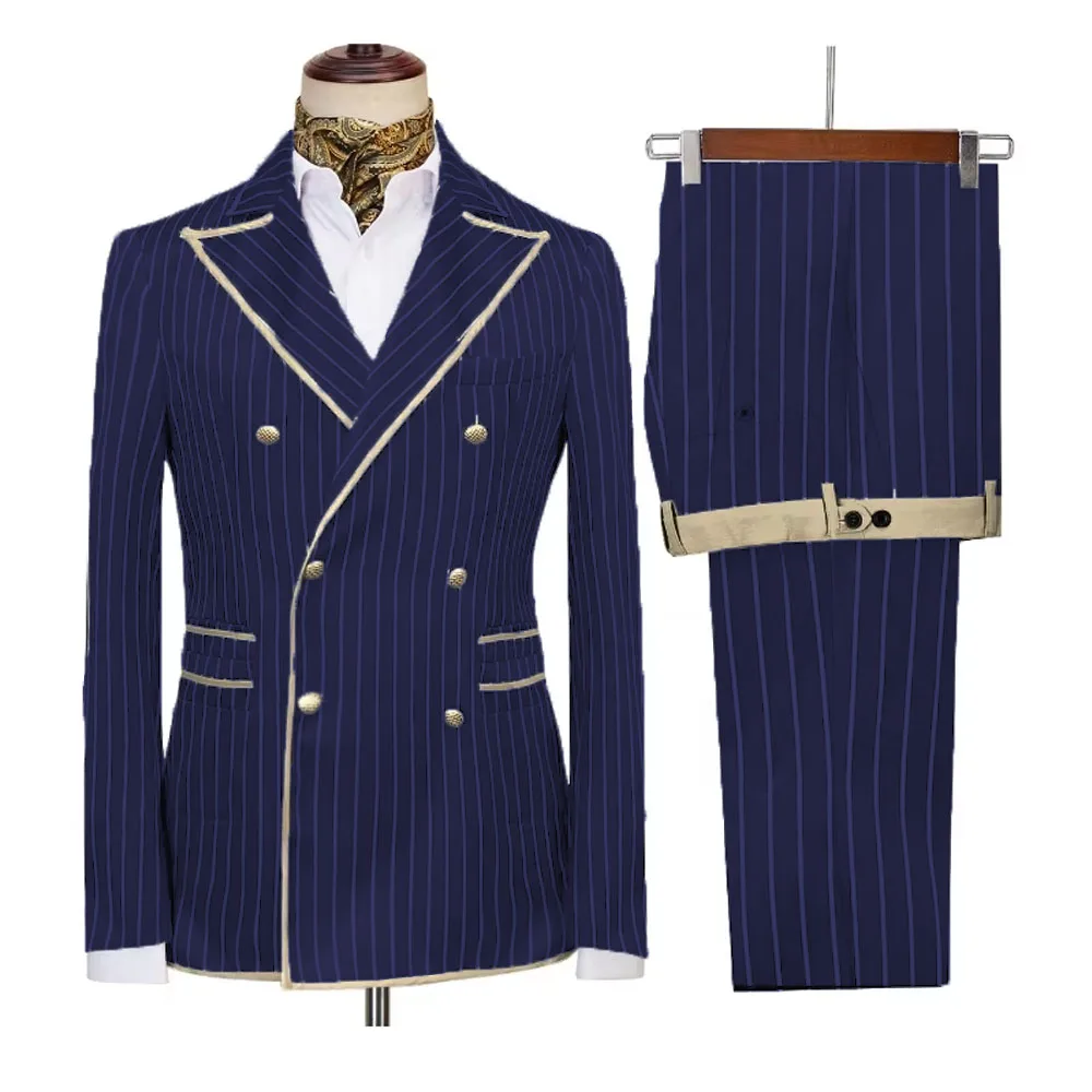 High-end Striped Men Suits Peak Lapel Double Breasted 2 Piece (Blazer+Pants) Blazers Slim Smart Causal Formal Jacket Tuxedos