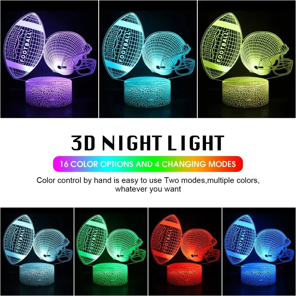 Football Helmet LED Night Light for Kids Room Acrylic 3D Illusion Lamp Colors Changing Nightlight Birthday Gift for Boys Girls