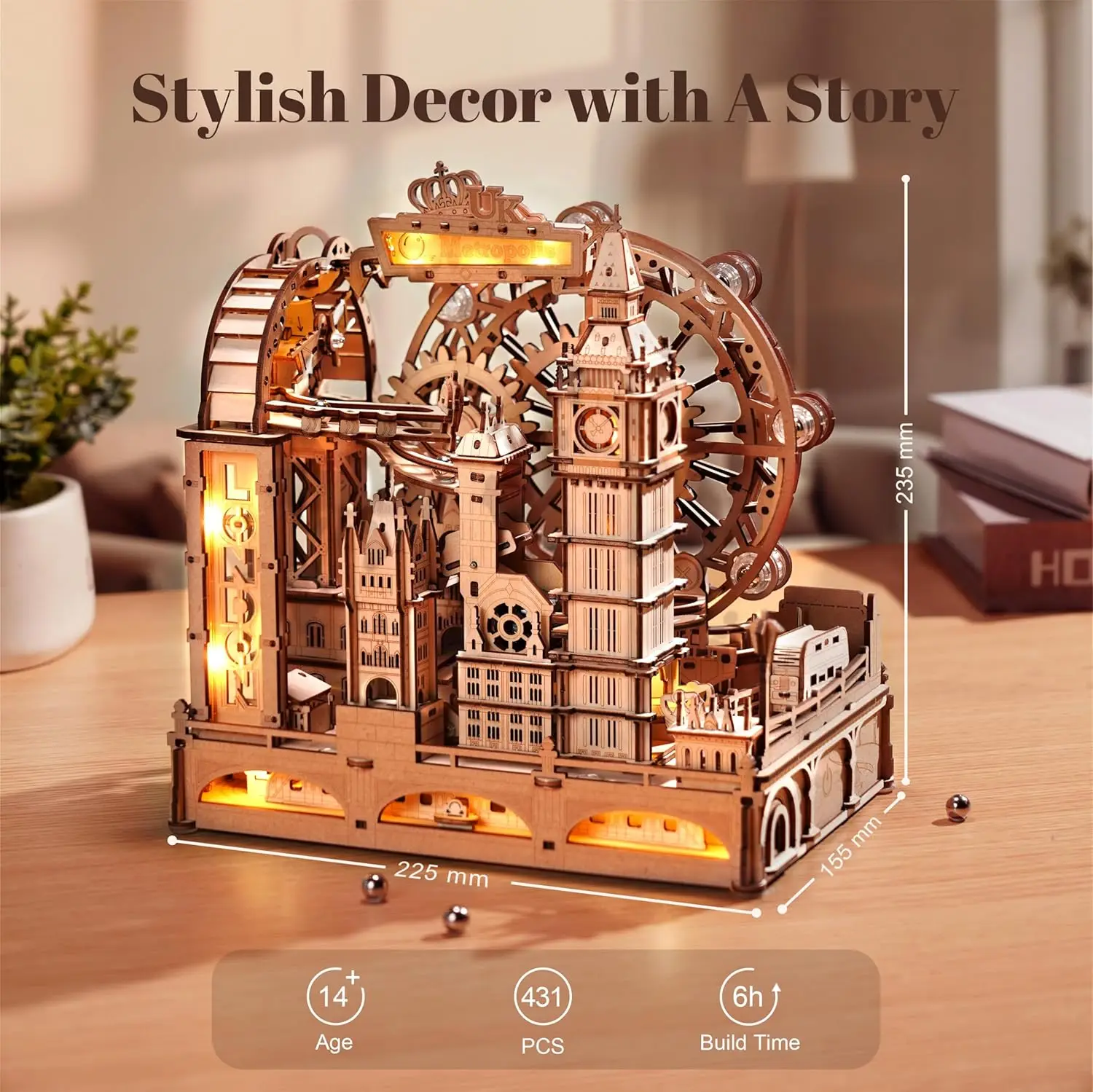 Robotime Rokr 3D Puzzles en bois ville de Londres Miniature marbre course jouets de construction bricolage Pinball Machine modèle Kits Gear Ball Challeng