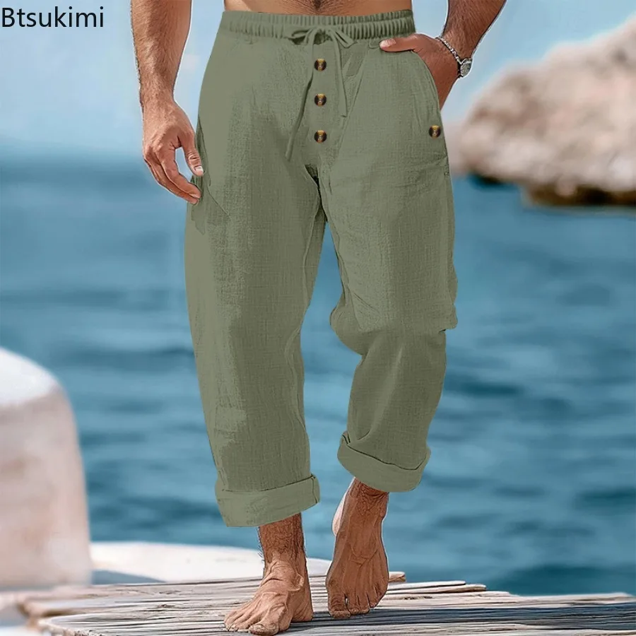 2025 Spring Summer New Men's Beach Pants Solid Color Linen Loose Drawstring Button Sweatpants Breathable Casual Trousers for Men