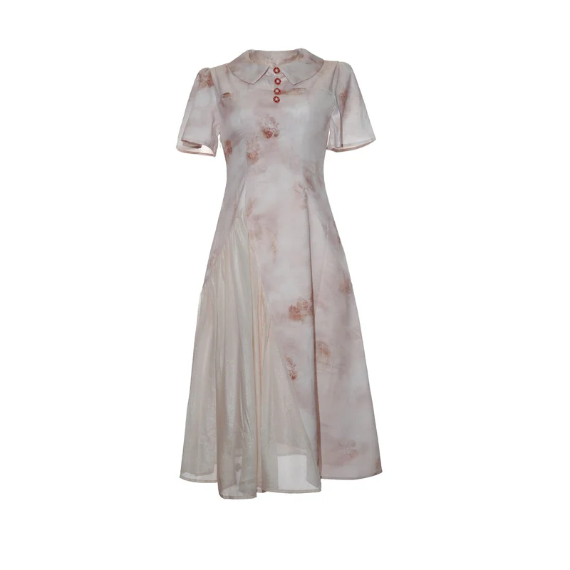 Neue chinesische Sle Kragen gedruckt A-Linie Dr Frauen Sommer 2024 hohe Taille Plissee Kleid Ele Dame Rock