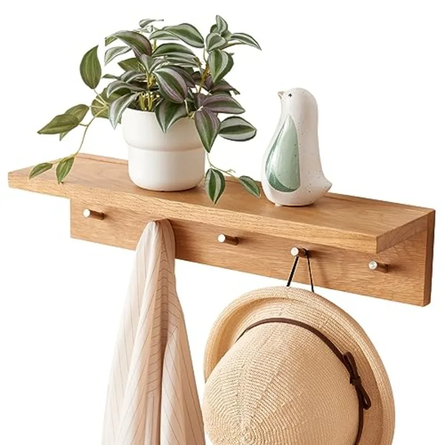 

Oak Wood Coat Rack Wall Mount With Shelf Long 5 Hooks Floatg Entryway Wall Shelf for Bathroom Hallway Livg Room