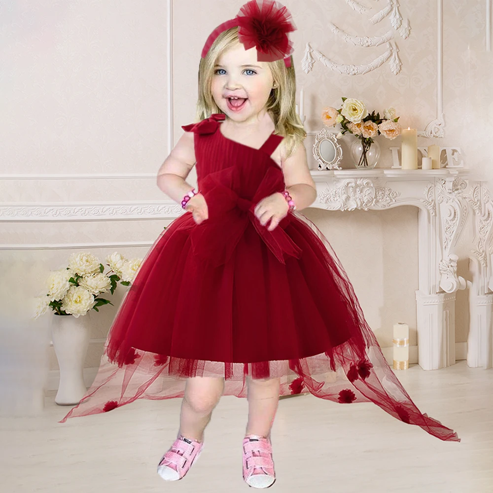 

Baby Wedding Party Tailing Girl Dresses Red Christmas Costume 1-3 Yrs Flower Elegant Bridesmaid Princess Dress Birthday Prom Gow