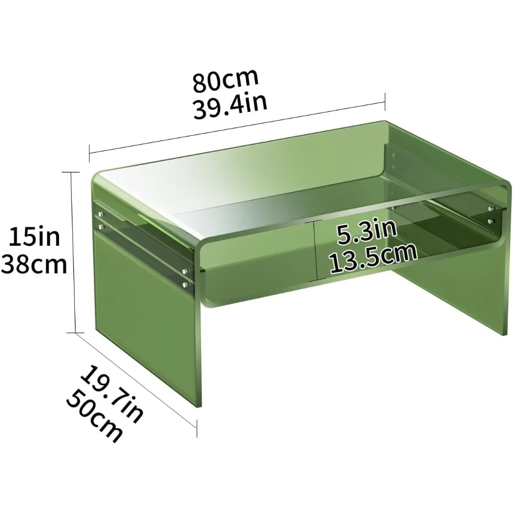 Mesa de centro acrílica para sala de estar Mesa retangular transparente Lucite com prateleira de armazenamento aberta (1, verde, grande)