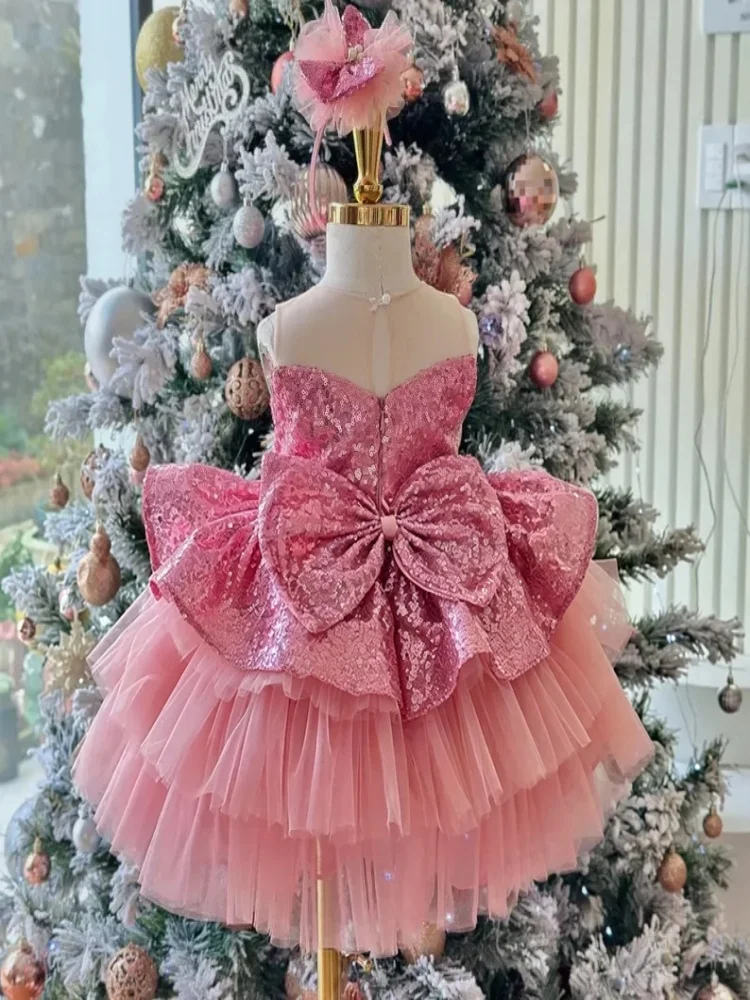 Custom light luxury dress women wedding guest gown girls wedding gown birthday party pageant sequin bow layered tulle ball gown