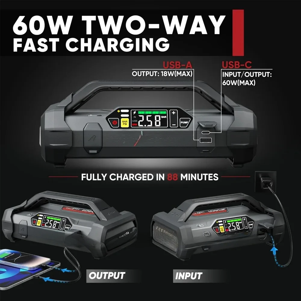 Jump Starter with Air Compressor, Lithium Battery, Two-Way Fast Charging, 60W, JA401, 3750A, 12V