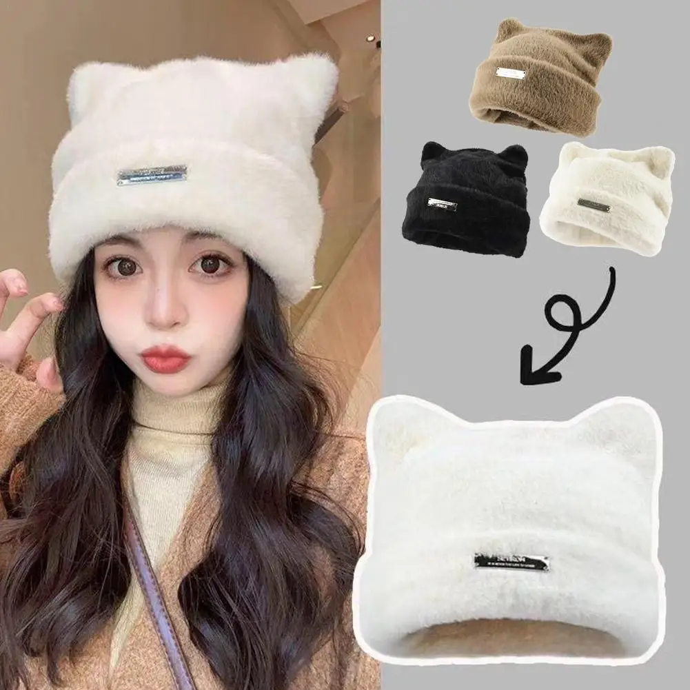 Iron Label Decorative Beanie Hat with Ears Cute Warm Plush Cat Beanie Winter Faux Fur Beanie Elastic Knitted Hat Women Outdoor