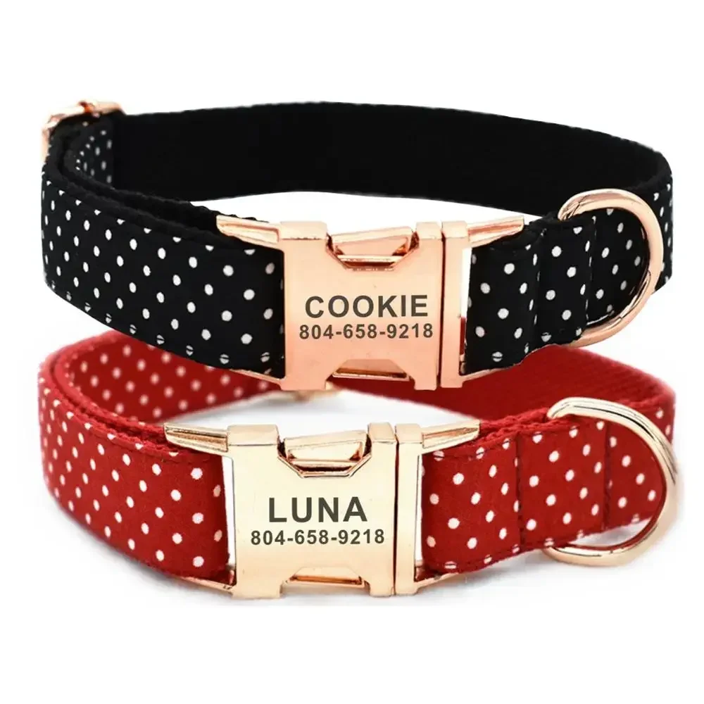 Personalized Pet Collar White Dot Puppy Cat ID Tag Adjustable Custom Name Rose Gold Buckle Red Black Basic Dog Collars Leash