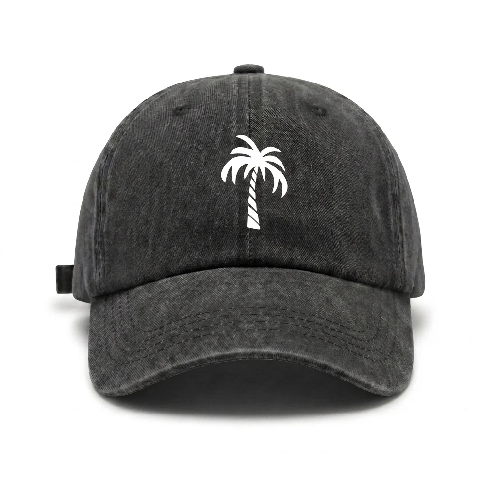 Vintage Washed Minimal Palm Tree Graphic Baseball Cap, Adjustable Unisex Dad Hat with Metal Buckle, Tropical Beach Vacation Gift