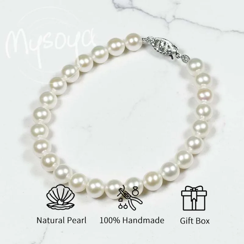 

MYSOYA White Freshwater Pearl Bracelet 6-7mm With Gift Box For Her/Him Birthday/Wedding/Christmas/New Year/Valentine's Day Gift