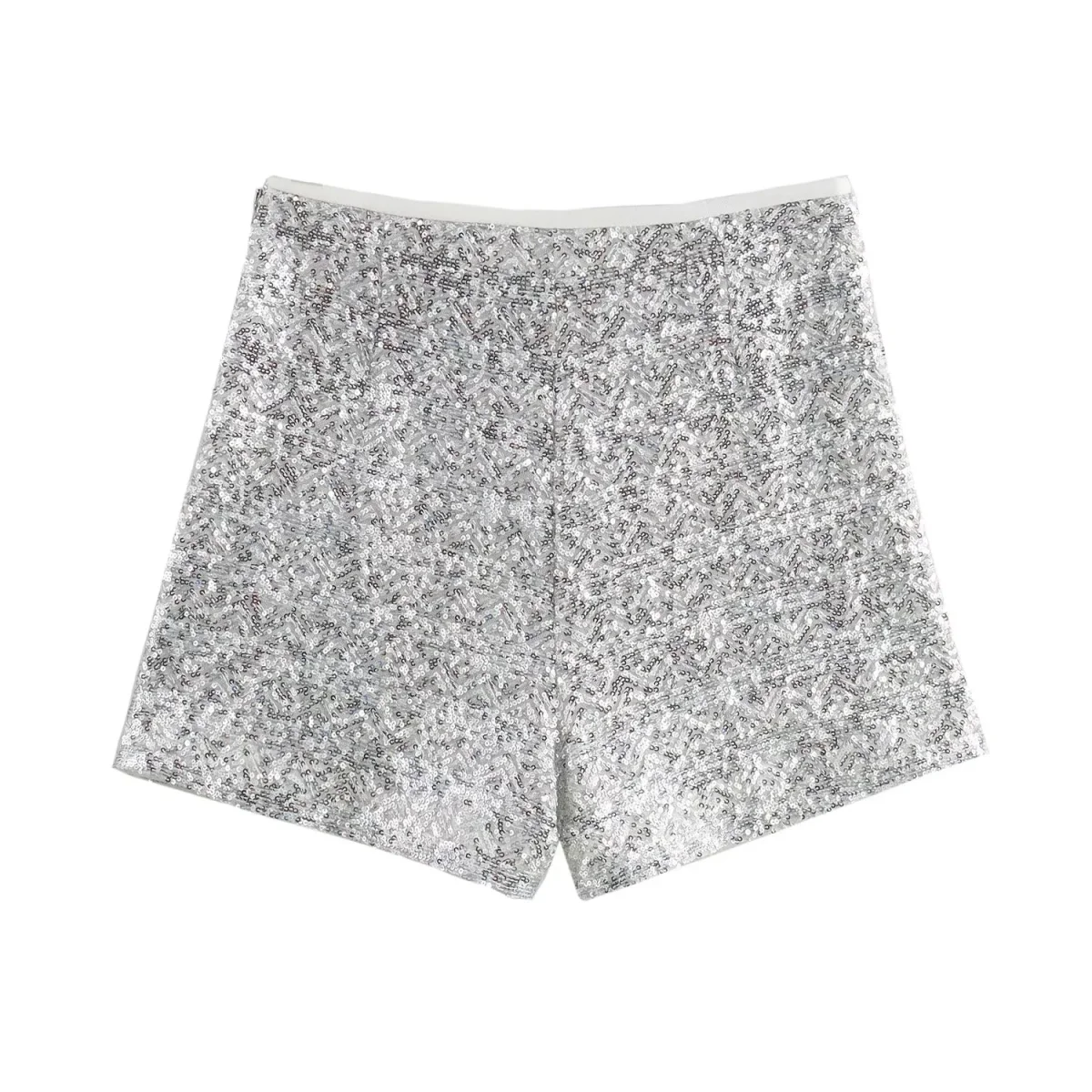 TRAF Women Chic Silver Sequins Decorate High Waist Side Zipper Shorts Female Fashion Slim Casual Shorts Streetwear 2872482