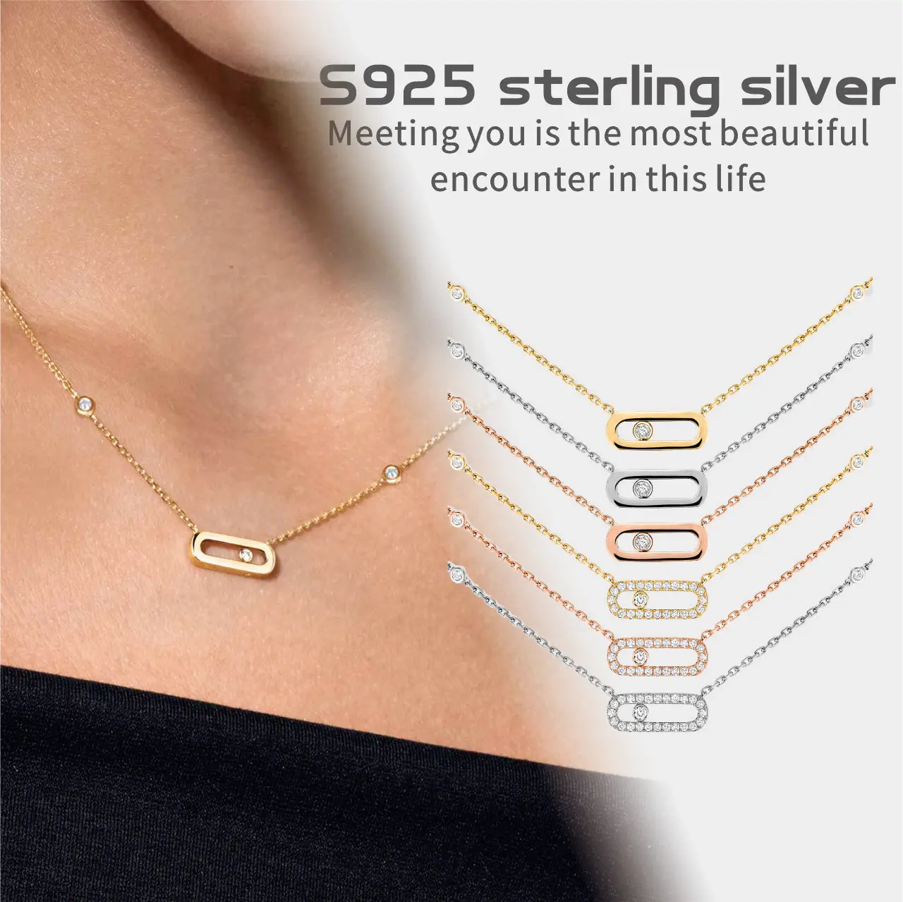 Silver 925 Women's Sliding Pendant Rose Gold Necklace European Luxury Jewelry Move Collection Festive Party Wedding