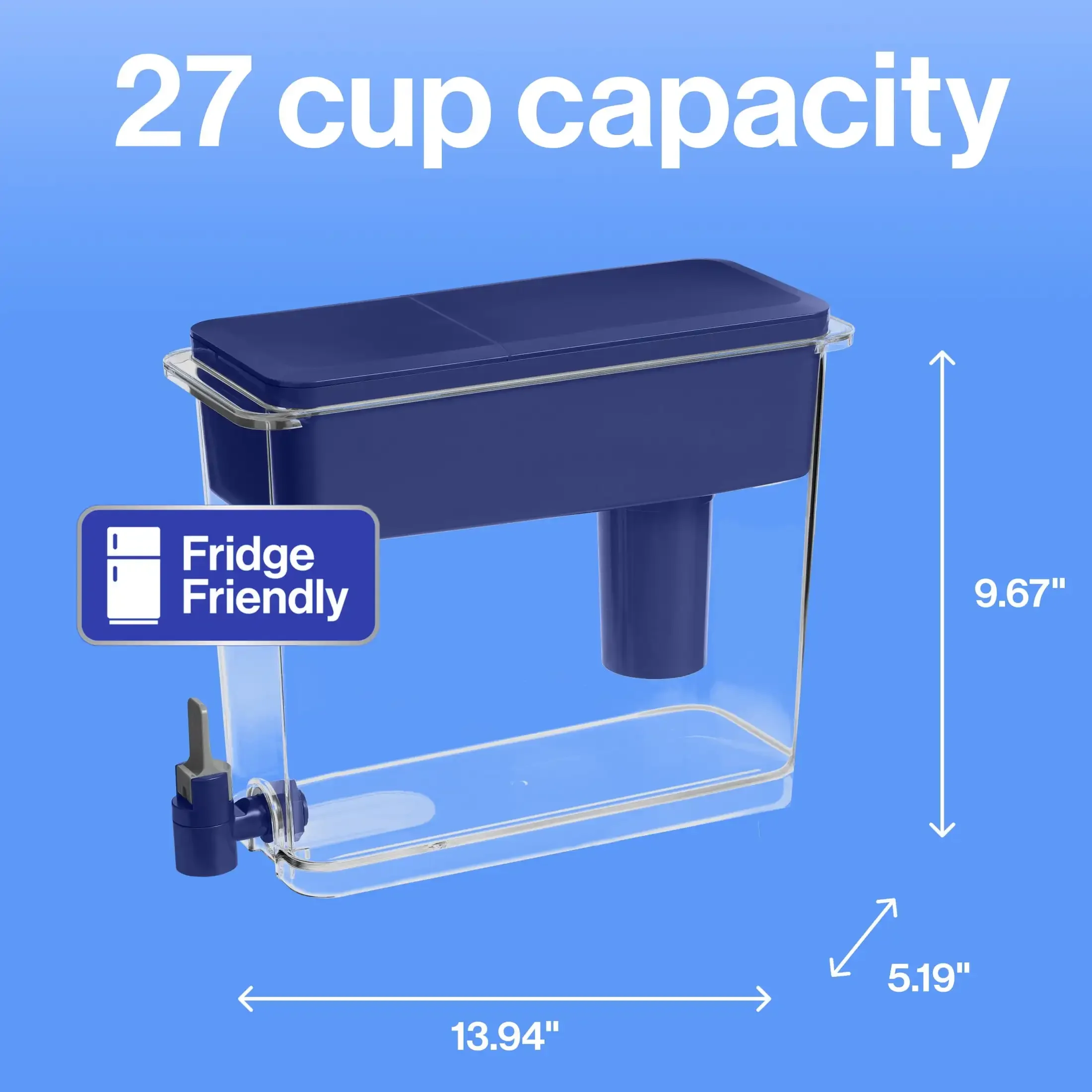 Dispensador de agua azul de 27 tazas con filtro estándar, capacidad extra grande para el hogar y la oficina, diseño sin BPA