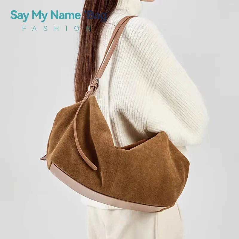 

Women's Suede Genuine Leather Shoulder Bags Ladies Soft Cowhide Crossbody Solid Bag Female Design Luxury Lazy Commuter Handbag