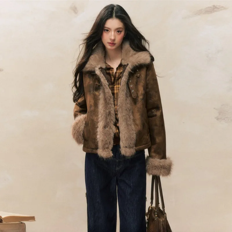 

Lapel Brown Faux Fur Coat Leather Buckle Patchwork Short Plush Coat Luxury Vintage Faux Fox Collar Furry Jacket Fluffy Warm Slim