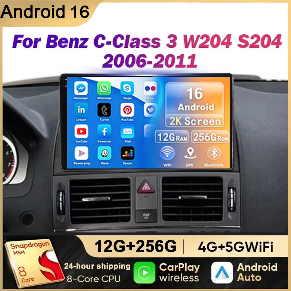 Android 16 OS IPS Car Radio For Mercedes Benz C Class W204 S204 2006 - 2011 Carplay Auto Multimedia Player GPS Stereo Navigation