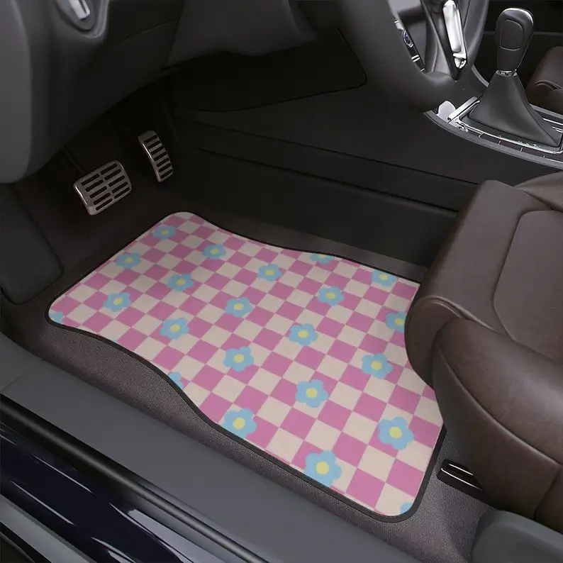 

Boho Car Floor Mats,Aesthetic retro Car Floor Mats, Y2K checkers Car Accessories,Girly Car accessories,y2k flower car decoration