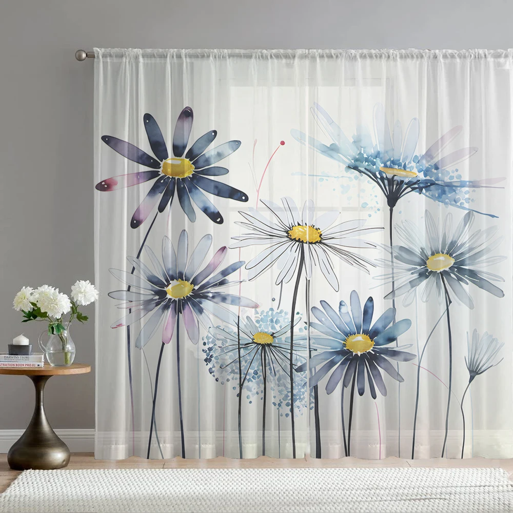 2PCS Home decoration blue daisy print window screens with pole bags, suitable for kitchens, cafes, and living rooms