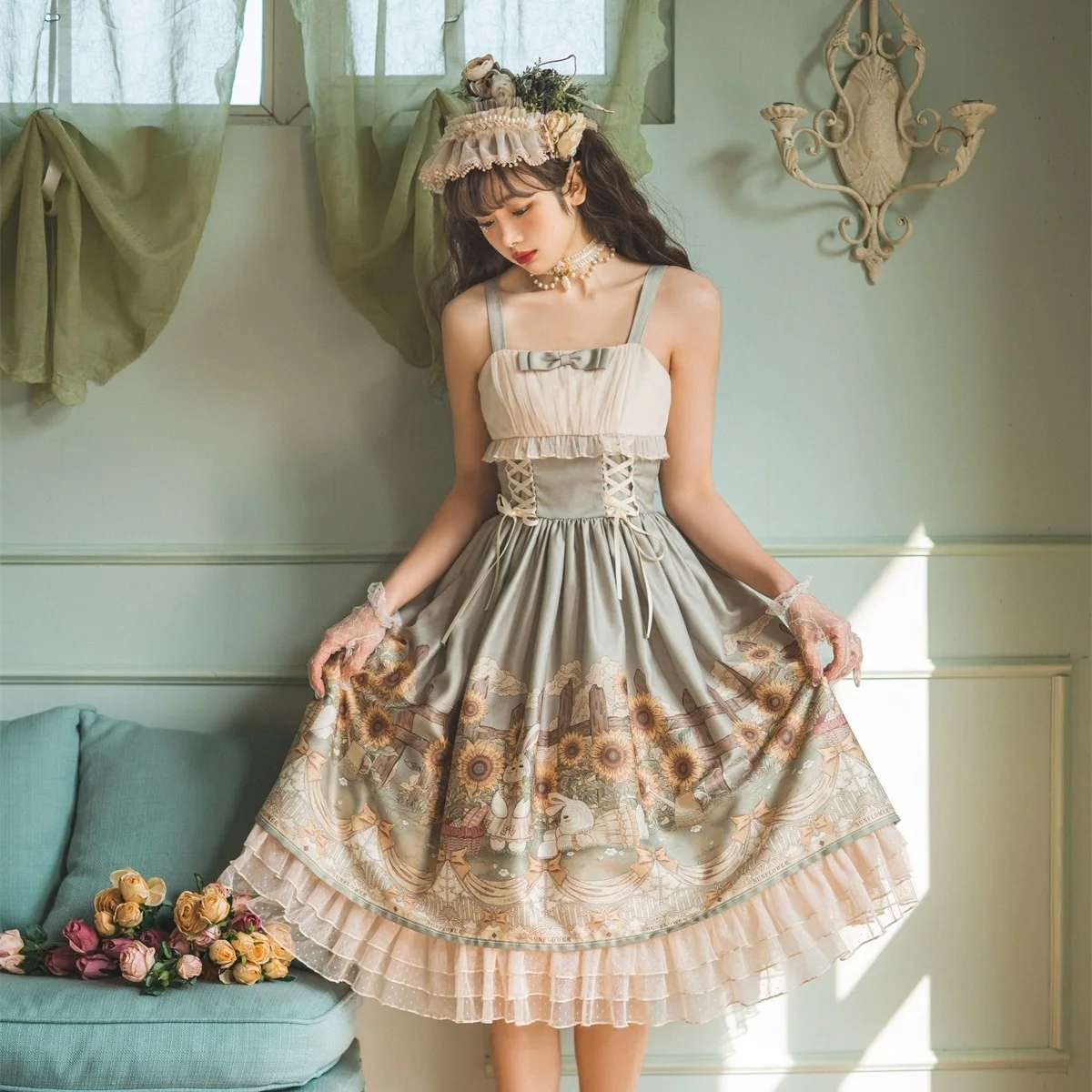 Ngọt Nhật Bản Kawaii Jsk Lolita Đầm Nữ Vintage Quần Lót Hoa Hướng Dương Chuyện Jsk Hoạt Hình Mùa Hè Nơ Trà Tươi Đầm Dự Tiệc