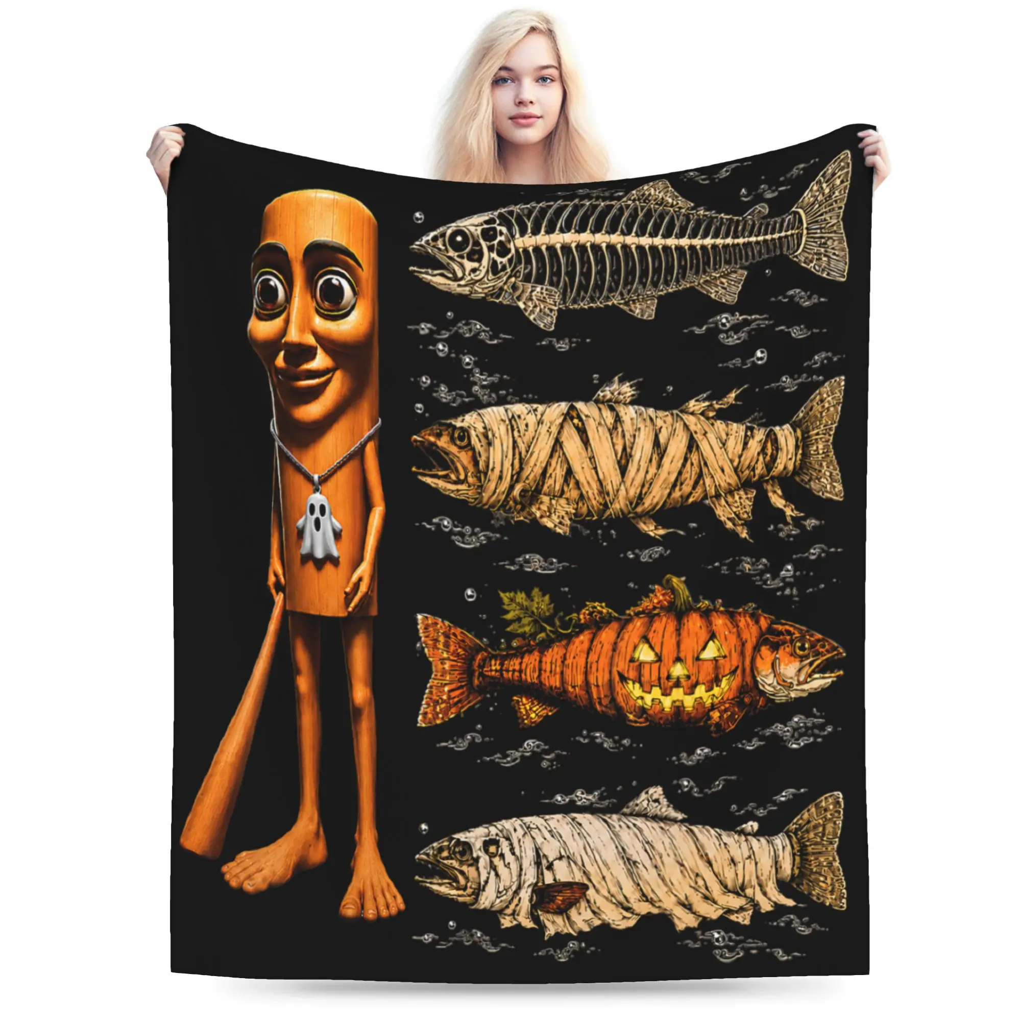 Soft Cozy Bedding Throws Travel Car Tung Tung Tung Sahur Halloween Trout Ghost Pumpkin Skeleton Blanket  Flannel Bedspread