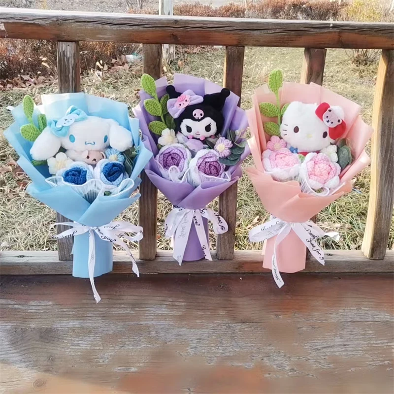 MINISO Kuromi Hello Kitty Cinnamoroll pluche boeket handgemaakt breiroos cadeau Valentijnsdag kerstvakantiecadeau
