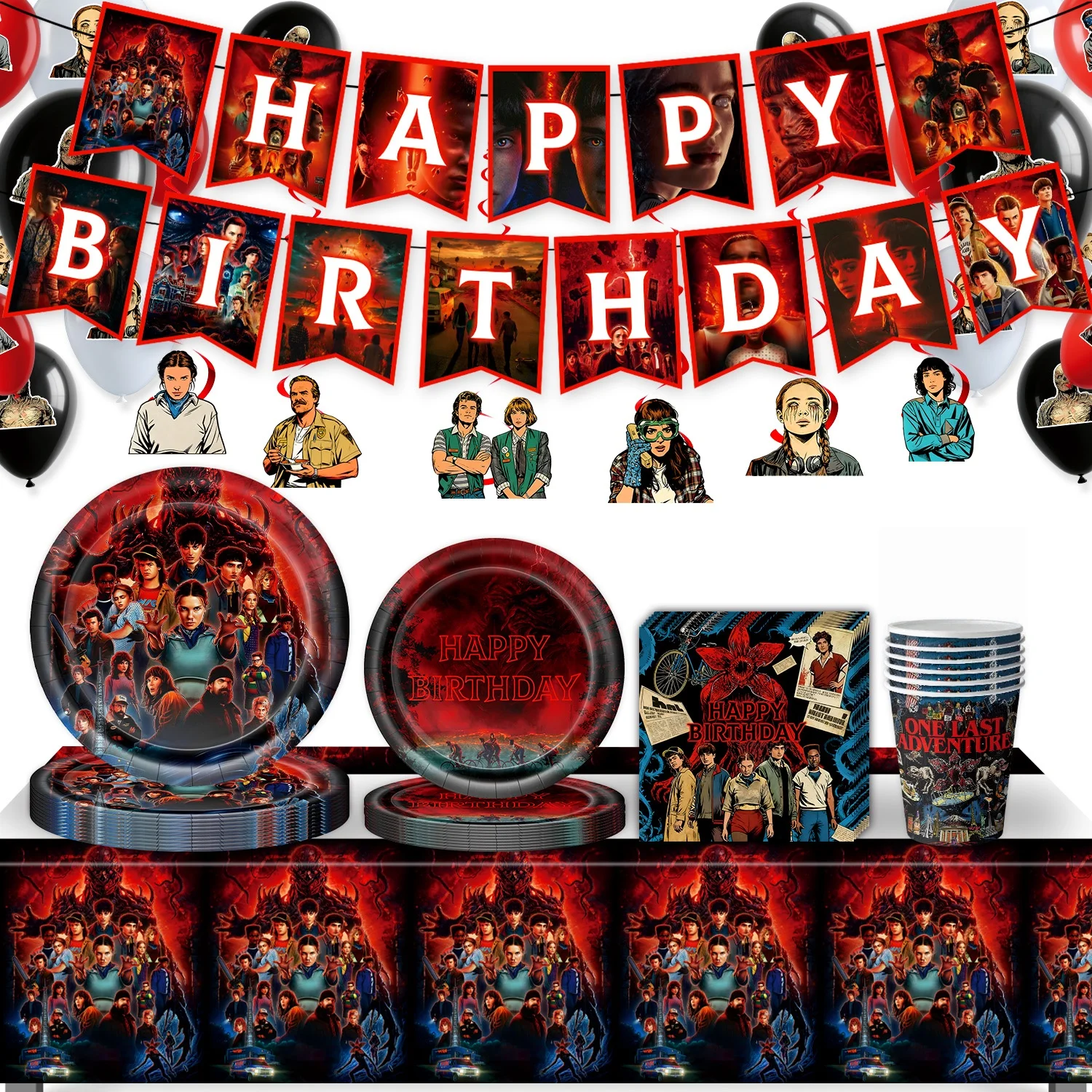 S-Stranger Season 5 Birthday Party Decor Disposable Tableware Set Cup Plate Napkin Banner Gift Bag Cake Topper Flag Party Suppli