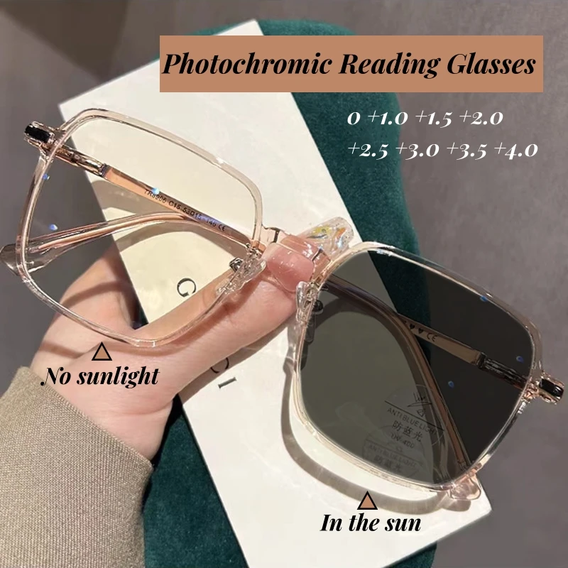 

New Trendy Photochromic Reading Glasses Luxury Square Frame Far-sighted Eyeglasses Men Women Color Changing Presbyopia Diopters