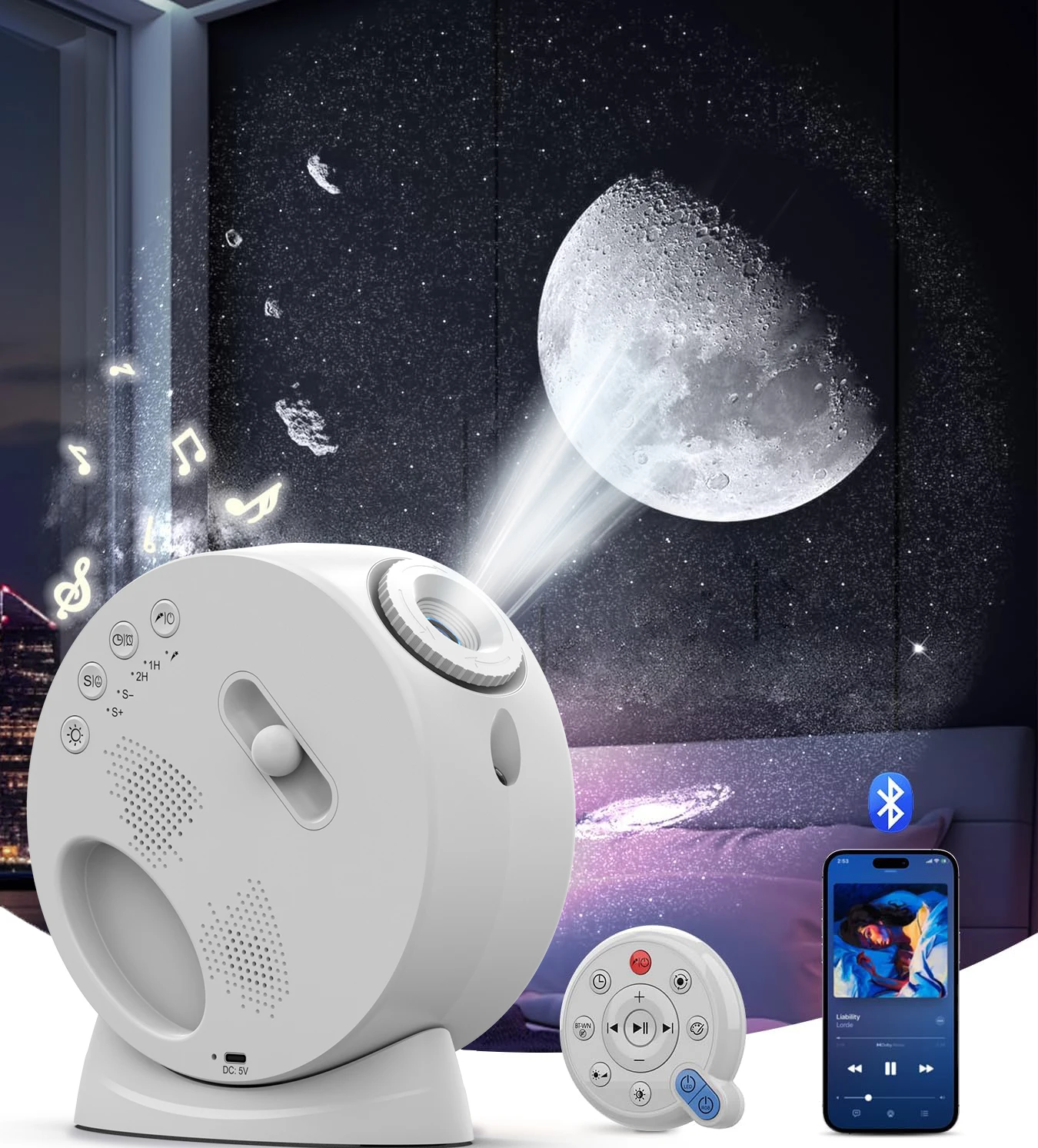 Planetarium Projector Night Light Star Projector with Clock Display Bluetooth Function and 15 Types of Sleep-Aiding White Noise