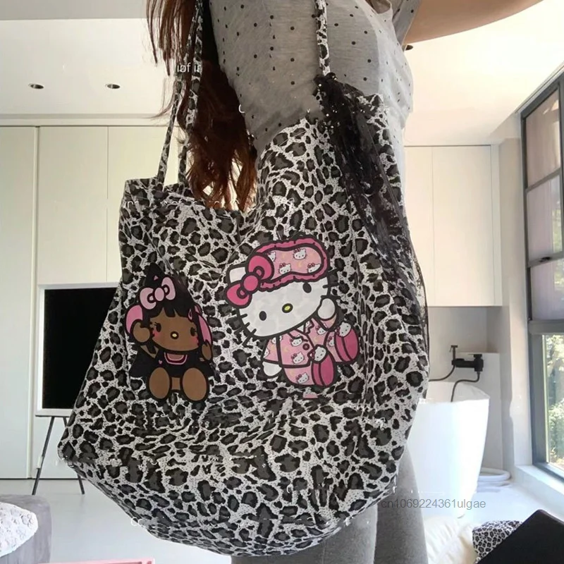 Sanrio Hello Kitty American Fashion Shoulder Bag New Large Capacity Leopard Pattern Backpack Y2k Girl Style Versatile Tote Bag