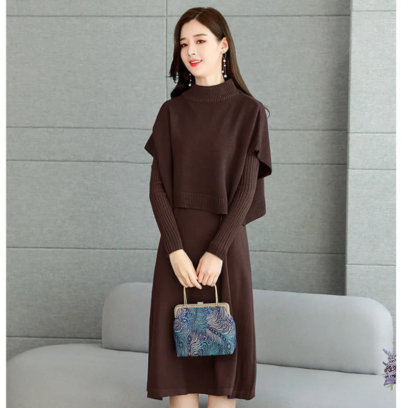 

Sweater Women Long Knitted Vest Long Sleeve Dress Wind Autumn Winter Solid Color Casual Knitwear Female Two Piece Set