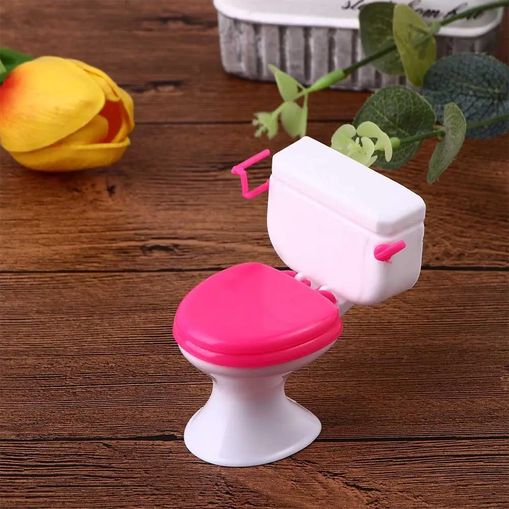 Casa de juguetes de imitación, juguetes de baño en miniatura, inodoro rosa, muebles de casa de muñecas, muebles de baño blancos, juguete, modelado de baño Vintage