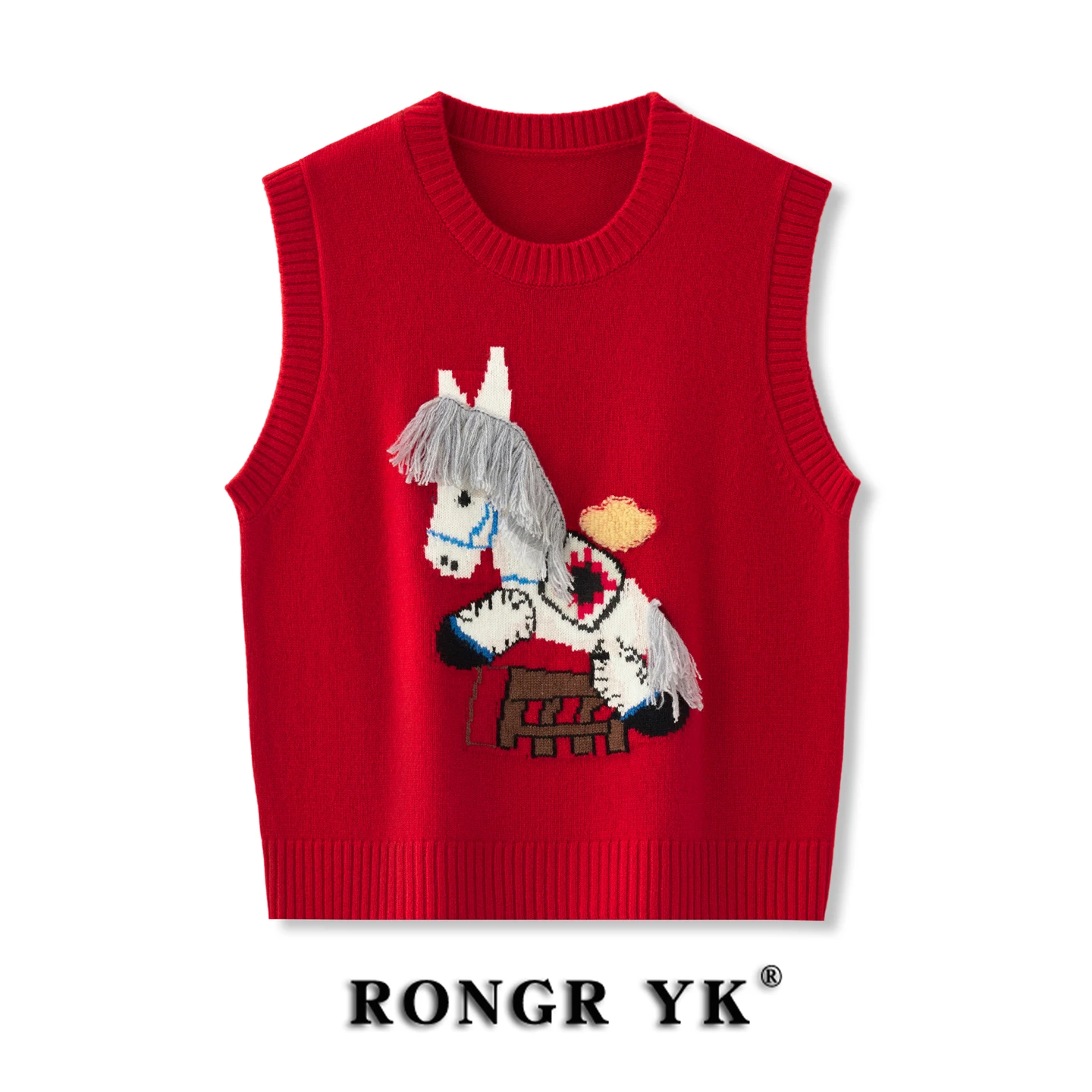 

Red Pattern Pure Wool Knitted Vest Women's round Ne Svel Sweater Outerwear Cute Sle Stand Fit ort Length