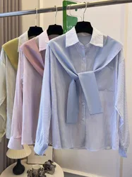 Striped Casual Tops Commute Solid Color Cute  Basic Long Sleeve Women 2023 Summer New Shirt Chic Ladies Blouse