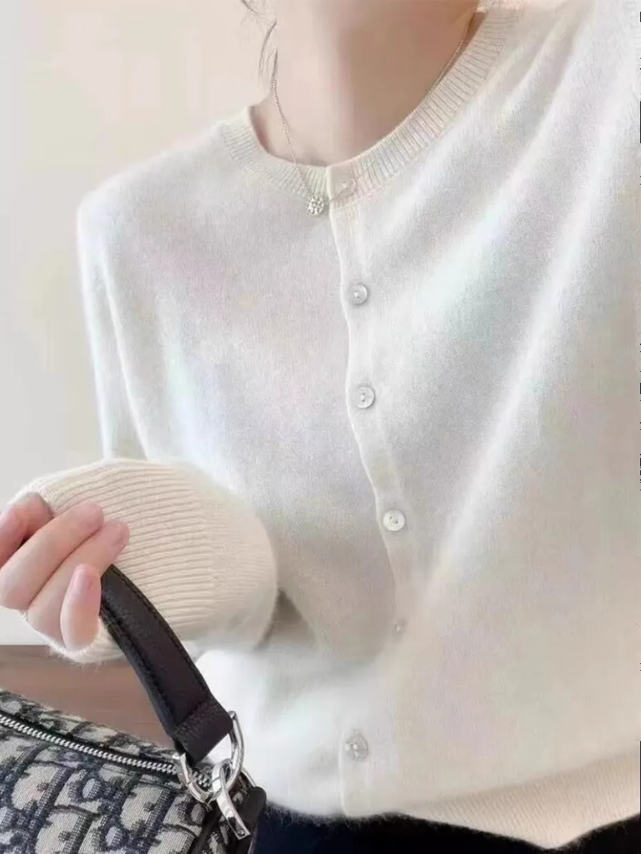 100%Cashmere knit cardigan women's round neck autumn and winter wool sweater small loose short slimming coat