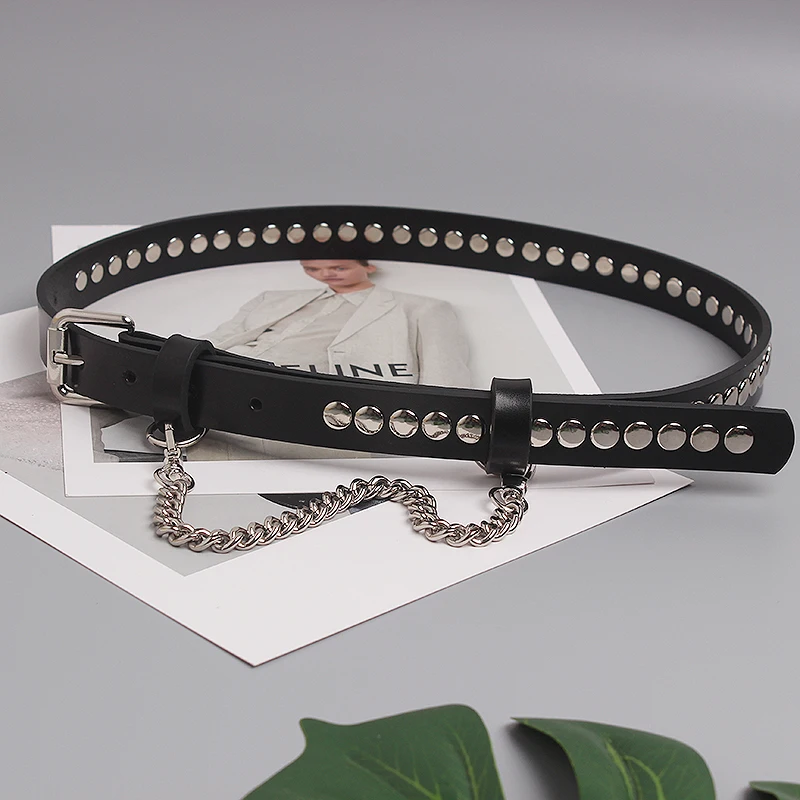 

2022 PUnk Style Black Real Leather Waist Belt WIth Chain Detachable Chains Cowhide Rivet Jeans Belt Hip Hop Cowskin Corset Strap