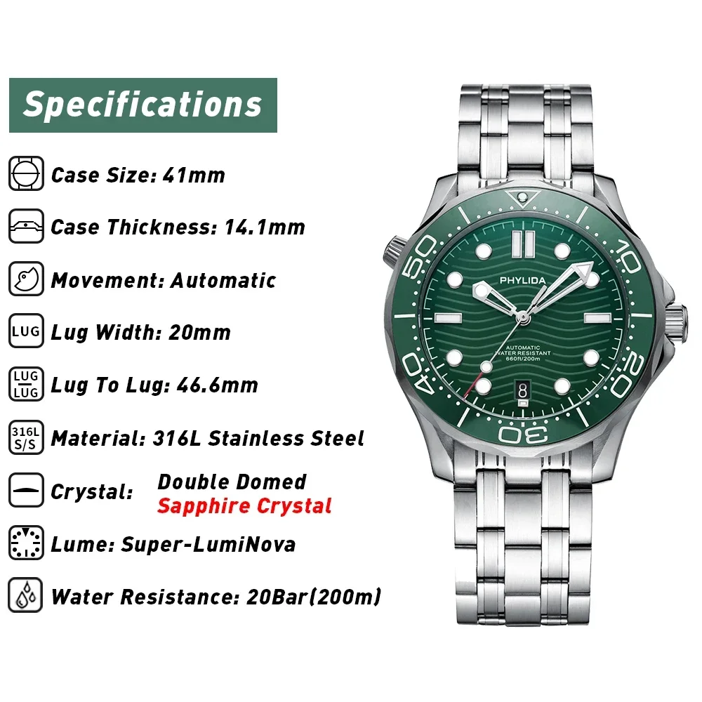 PHYLIDA-reloj automático con esfera verde, pulsera sólida de cristal de zafiro, 200M, WR 20Bar, PT5000, MIYOTA, nuevo