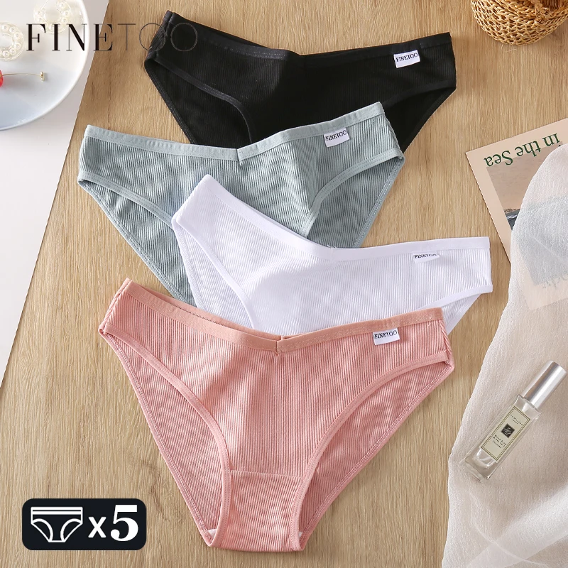 Finetoo 5pcs Baumwoll höschen gerippte Unterwäsche für Frauen sexy v Taille plus Größe Slips Damen Low-Rise bequeme Dessous M-4XL