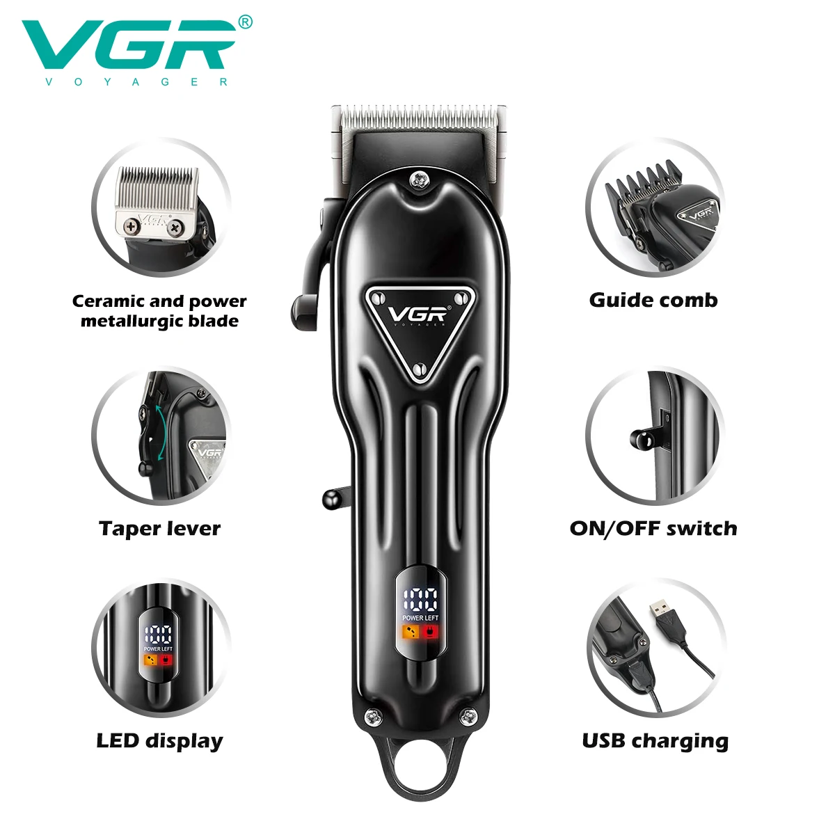 

VGR Hair Trimmers Hair Clipper for Men Barber Hair Cutting Machine 2500 MAh Battery LED Display Push Rod Stainless Steel Blade