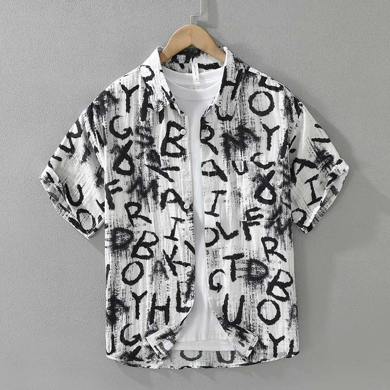 

8527 Trendy Letter Print Short Sleeve Shirt Men Casual Loose Fit Stylish Top Camisa Jawaianas Hombre Men Shirts TS-994