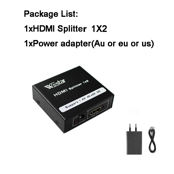 Wiistar 1080P 2 Ports HDMI Splitter 1.4 HDMI Splitter 3D 1 x 2 HDMI Splitter 5V Power Supply 1 In 2 Out Switcher For HDTV