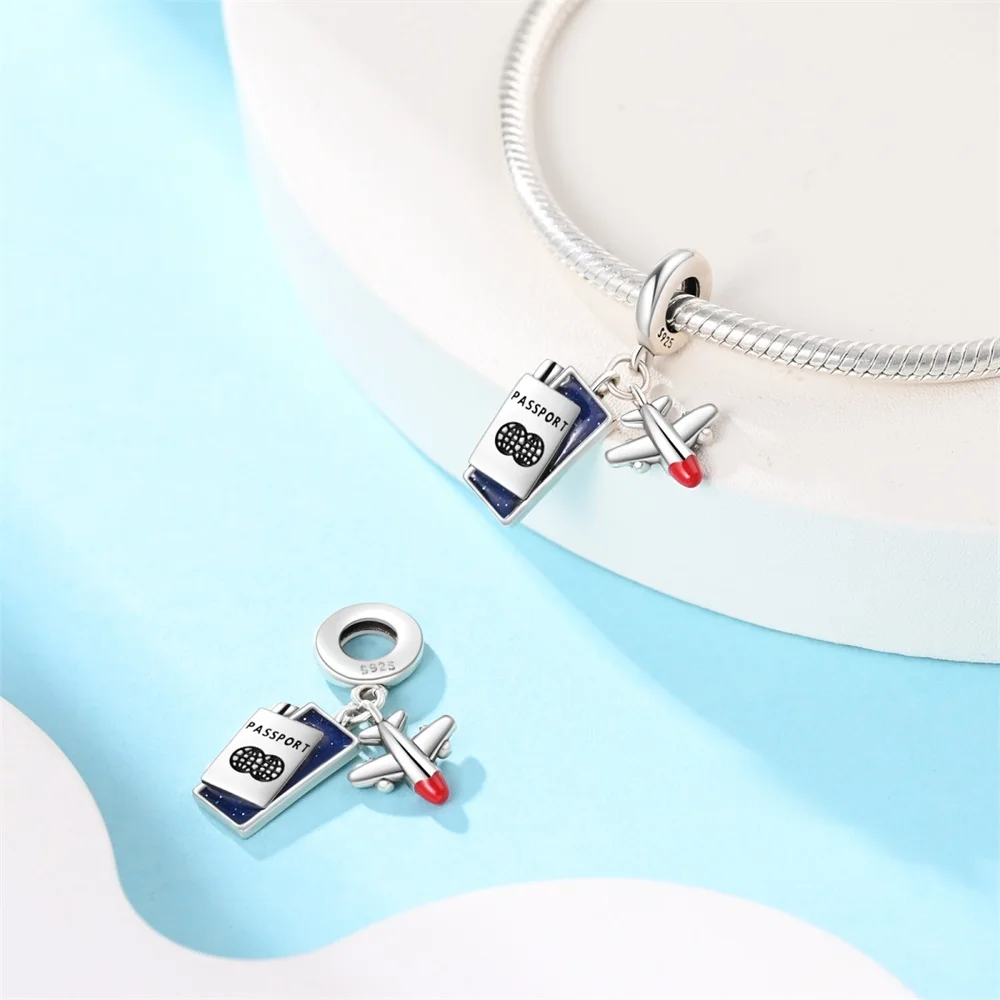 

925 Sterling Silver Charms Original Passport Airplane Beads Fit Bracelet Jewelry Diy Lady's Gift Accessory