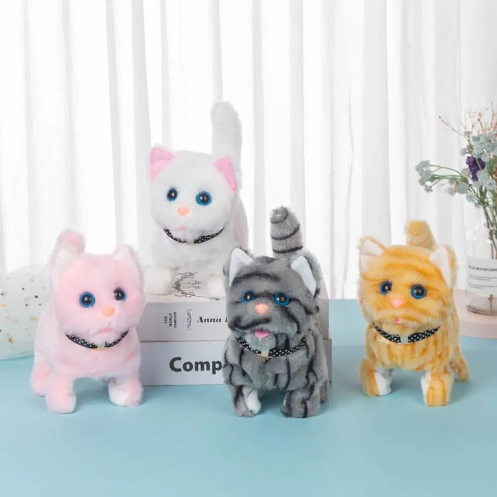 Adorável interativo bonito eletrônico animal de estimação dos desenhos animados macio meow gato brinquedo pelúcia voz andando gato pelúcia ​ Decoração de casa de boneca