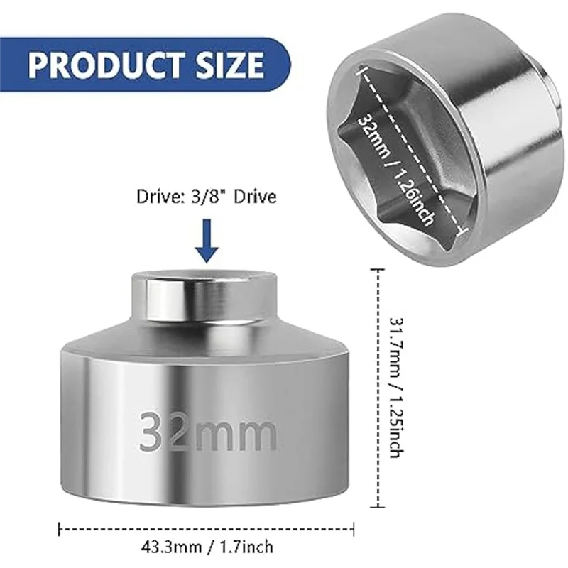 PORK-32Mm Socket-Oil Filter Wrench Tool,Steel Quickly Oil Filter Removal Tool,3/8Inch Drive Oil Filter Socket Tool Durable