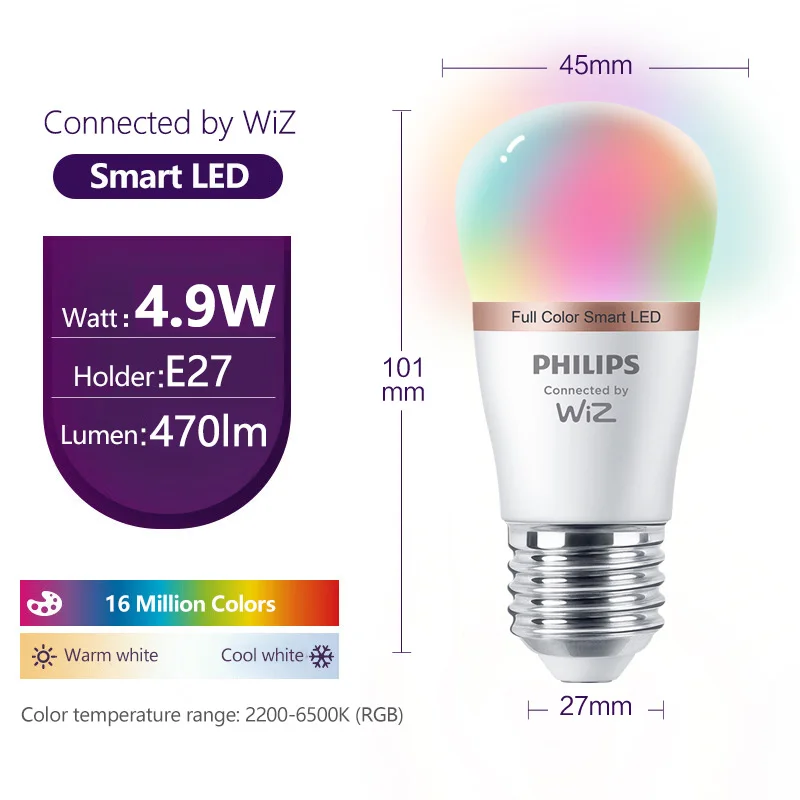 فيليبس 4 قطعة LED الذكية كرة صغيرة E27 لمبات WiZ 4.9 واط P45 واي فاي وبلوتوث 220-240 فولت كامل اللون ضوء متجمد عكس الضوء P مصابيح #2
