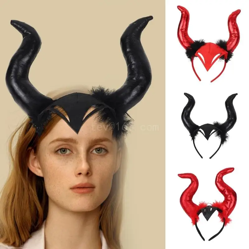 Furry Devil Horn Headband for Adult with Face Mask Gold Stamping Hairhoop Kids Halloween Headdress Cosplay Headpieces